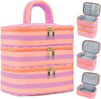 Three Layer Makeup Bag for Women Fashion Stripes Cosmetic Bag Preppy Style Travel Water-Resistant Toiletry Bag for Storage Toiletries Cosmetics Sets for Women Teen Girls Purple