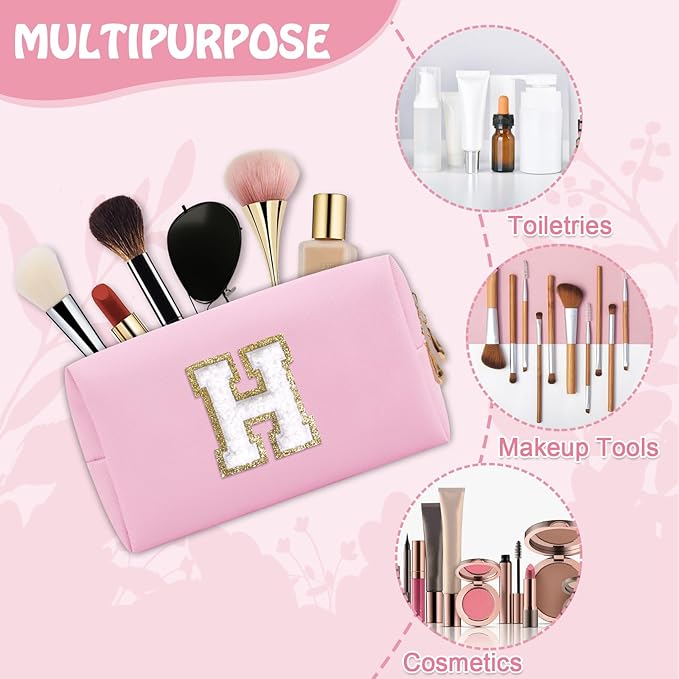 Personalized Chenille Letter Preppy Makeup Bag, Small Pink Travel Cosmetic Bag Initial Toiletry Zipper Pouch Monogram Makeup Storage, Waterproof PU Make Up Case Travel Essentials for Women(Letter H)