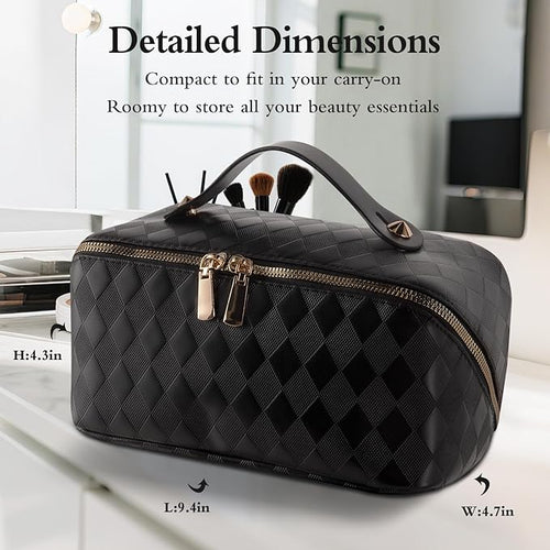 Abiudeng Travel Makeup Bag,Large Capacity Toiletry Bag Cosmetic Bags for Travel Essentials,Waterproof Portable Pouch Open Flat Makeup bag Organizer with Divider and Handle-black rhombus