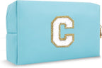 Personalized Initial Preppy Makeup Bag, Small Blue Cute Toiletry Pouch Monogram Cosmetic Travel Organizer with Zipper, PU Waterproof Glitter Make Up Case Gifts for Female Coworker Friends(Letter C)