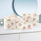 3Pcs Cotton Quilted Makeup Bag for Women Girls Large Small Travel Pink Floral Cosmetic Bags Set Cute Coquette Makeup Pouch for Purse Aesthetic Cloth Flower Storage Toiletry Bag Organizer