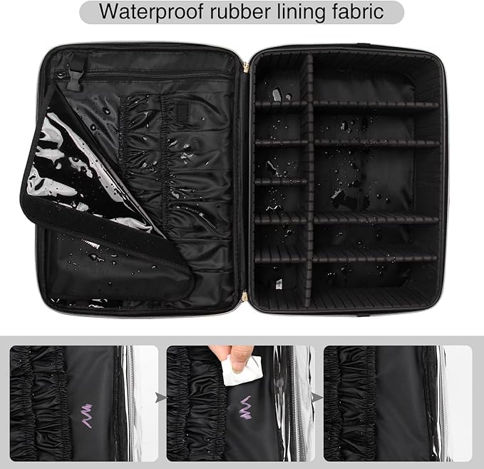 Relavel Extra Large Makeup Case and Makeup Brush Holder Bag, Professional Makeup Organizer, Large Capacity with Adjustable Dividers and Shoulder Strap (Black)