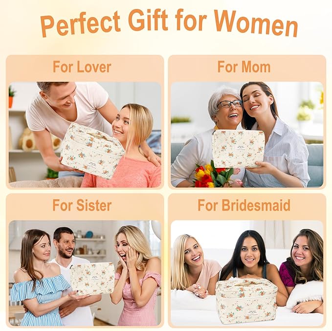 3Pcs Cotton Quilted Makeup Bag for Women Girls Large Small Travel Floral Cosmetic Bags Set Cute Coquette Zipper Makeup Pouch for Purse Aesthetic Cloth Flower Storage Toiletry Bag Organizer