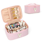 OCHEAL Makeup Bag for Women, Monogram Cosmetic Bag with Brush Holder, Pink Travel Makeup Case Beauty Toiletry Bag Organizer Personalized Gifts for Girls Bridesmaid, Sister, Wife, Friends Initial V