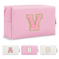 Personalized Initial A-Z Preppy Patch Makeup Bag,Small PU Leather Chenille Letter Cosmetic Bag with Zipper for Teen Girls,Pink Cute Travel Toiletry Bag,Birthday Monogrammed Gift for Daughter,Letter V
