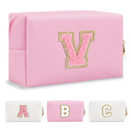 Personalized Initial A-Z Preppy Patch Makeup Bag,Small PU Leather Chenille Letter Cosmetic Bag with Zipper for Teen Girls,Pink Cute Travel Toiletry Bag,Birthday Monogrammed Gift for Daughter,Letter V