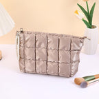 Puffer Quilted Makeup Bag Travel Cosmetic Bag Portable Puffy Checkered Toiletry Pouch Skincare Organizer Purse Pencil Case (Champagne Gold)