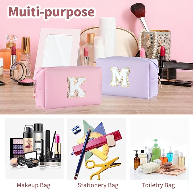 MSQ Personalized Makeup Bag Initial A-Z Patch Bag, PU Leather Cosmetic Bag Pouch Travel Toiletry Bag with Zipper, Gift Ideal for Teen Girls Friend Mom Women Birthday(Pink K)