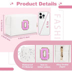 Small Initial Patch Makeup Bag Personalized Gifts Make Up Bag,White Cute PU Leather Glitter Letter Cosmetic Bag with Zipper,Trendy Portable Travel Toiletry Pouch,Preppy Stuff for Teen Girls Women O