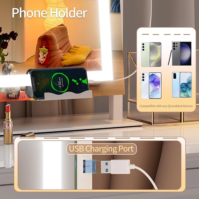 Hasipu Vanity Mirror with Lights, 32" x 24" LED Makeup Mirror, Light up Mirror with 10X Magnification and Phone Holder, USB Charging Port, Smart Touch 3 Colors Dimmable (White)