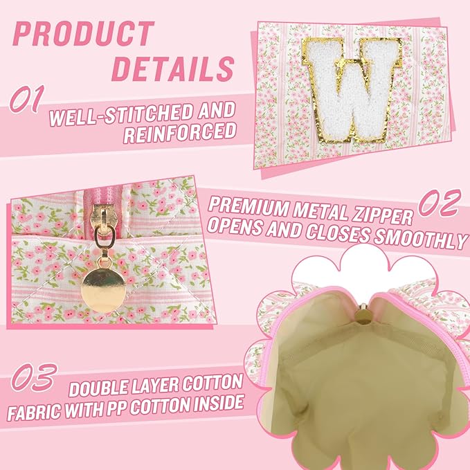 Personalized Quilted Cosmetic Bag, Puffy Monogrammed Christmas Birthday Gifts for Women & Girls, Cute initial Floral Makeup Bag Puffer Coquette Bag, Aesthetic Travel Toiletry Zipper Pouch(Pink,W)