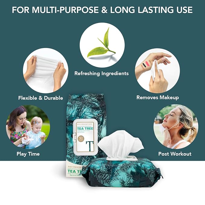 Body Prescription Makeup Cleansing Wipes - Gentle and Effective Face Wipes, 50 Count (Pack of 3), Tea-Tree