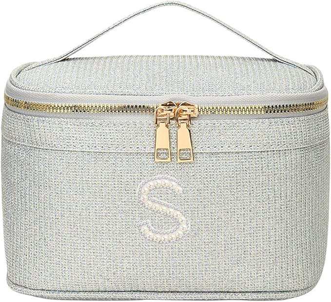 EURYNOME Makeup Bag with Custom Letter S, Water-Resistant Travel Organizer Pouch, (8.3x5.1x5.1 Inch) Cosmetic Case for Women