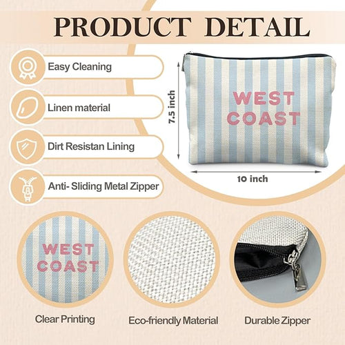 Blue Preppy Beach Makeup Bag, Blue Striped Coastal Cosmetic Bags for Women, Gifts for Beach Ocean Lovers, West Coast Zipper Makeup Pouch