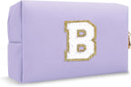 Small Initial Preppy Makeup Bag Organizer, Purple Cute Chenille Letter Make Up Cosmetic Zipper Pouch Toiletry Bags for Traveling,Waterproof PU Makeup Case Personalized Gifts for Bachelorette(Letter B)