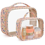 PACKISM Clear Makeup Bag - 2 Pack TSA Approved Toiletry Bag with Handle and 180° Large Opening, Clear Toiletry Bag Fit Carry-on Travel Essential, Travel Bags for Toiletries, Nude Pink Ditsy Floral