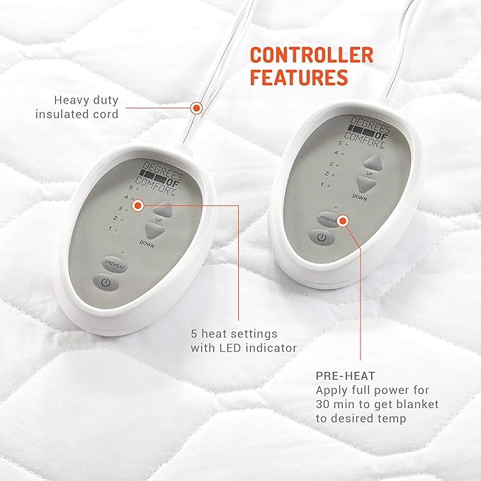 Degrees of Comfort Dual Control California King Heated Mattress Pad | Electric Bed Warmer W/Adjustable Zone Heating | Fit Up to 15 Inch | 12.5ft Long Cord, White