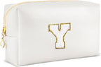 Gifts for Girls Initial Makeup Bag Personalized Cosmetic Bag with Zipper Cute Travel Toiletry Bags Waterproof PU Preppy Makeup Pouch Birthday Gift for Teen Girls Women(White Y)
