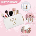 Personalized Small Travel Preppy Makeup Bag, Chenille Letter White Cute Makeup Bag Initial Cosmetic Pouch Toiletry Organizer, PU Waterproof Makeup Storage Thanksgiving Gifts for Friends(Letter T)