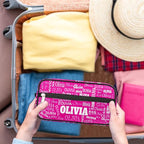 Personalized Travel Cosmetic Bag Waterproof Makeup Bags, Custom Name Rosy Pink Organizer Case Toiletries Container Bag