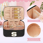 OCHEAL Makeup Bag for Women, Monogram Cosmetic Bag with Brush Holder,Black Travel Makeup Case Beauty Toiletry Bag Organizer Personalized Gifts for Girls Bridesmaid, Sister, Wife, Friends Initial S