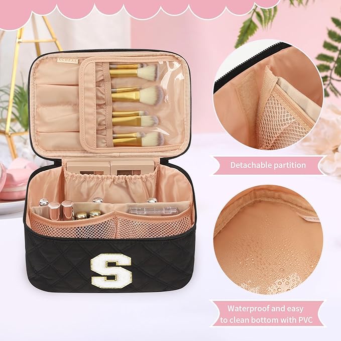 OCHEAL Makeup Bag for Women, Monogram Cosmetic Bag with Brush Holder,Black Travel Makeup Case Beauty Toiletry Bag Organizer Personalized Gifts for Girls Bridesmaid, Sister, Wife, Friends Initial S