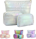 Hiroyuki Iridescent Quilted Makeup Bag, 3pcs Cute Makeup Bag Set, Large Capacity Cosmetic Organizer Travel Toiletry Pouch (plain, cyan)