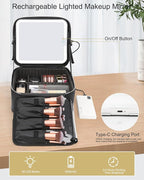 Relavel Makeup Bag with Light Up Mirror, Makeup Case Travel Cosmetic Bags Brush Organizer Storage Box, Rechargeable Vanity Mirror with 3 Color Lights, High Frame Mirror Protection (Black)