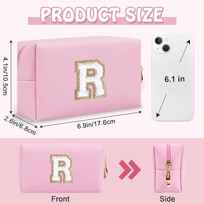 Small Travel Initial Preppy Makeup Bag, Personalized Pink Cute Cosmetic Organizer Chenille Letter Travel Toiltery Zipper Pouch, Monogram Makeup Storage Gifts for Friend Her Birthday Women(Letter R)