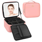 Relavel Travel Makeup Bag With LED Mirror Portable Travel Makeup Organizer 3 Color Adjustable Brightness Waterproof Cosmetic Train Case with Removable Dividers Makeup Storage for Women, Pink