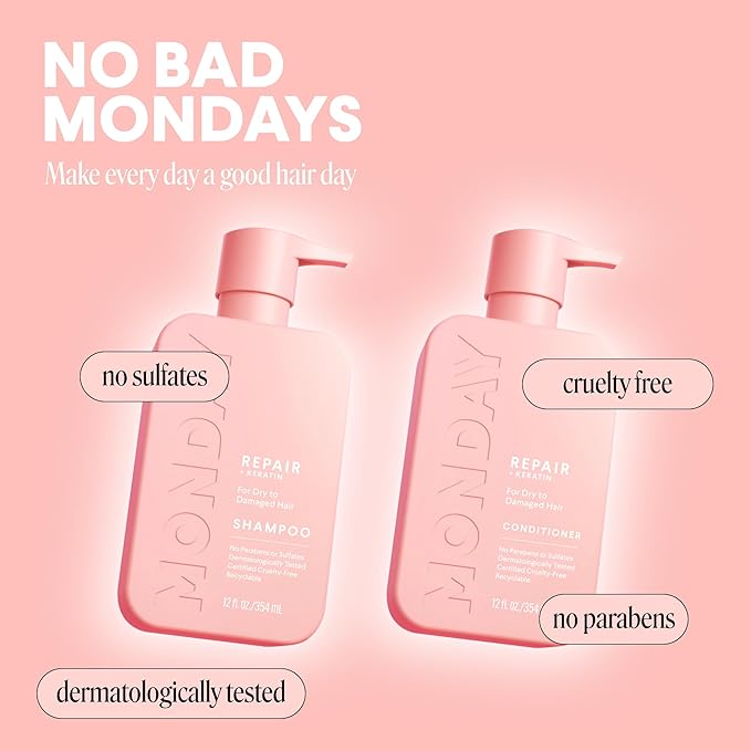 MONDAY HAIRCARE Repair Shampoo and Conditioner Set (12 oz) For Dry to Damaged Hair Made with Keratin, Coconut Oil, Shea Butter, and Vitamin E