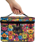 Black Cat Colorful Flowers Pattern Travel Makeup Bag for Women Large Capacity Cosmetic Bag with Zipper and Handle Portable Toiletry Bag Make Up Organizers