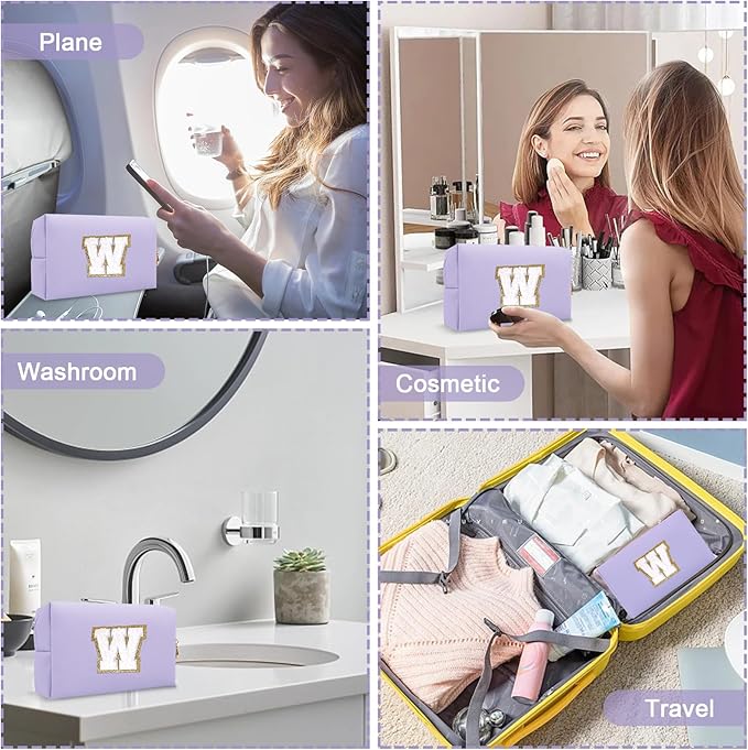 Small Travel Initial Preppy Makeup Bag, Chenille Letter Cute Purple Cosmetic Organizer Toiletry Zipper Pouch, Waterproof Make Up Case Storage Personalized Wedding Gift for Brides Bridesmaids(Letter W)