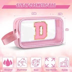 Initial Makeup Bag,Letter D Cute Clear Monogrammed Cosmetic Travel Bag for Womens Girls,Personalized Pink Aesthetic Traveling Make Up Organizer Bag for Beach,Waterproof Toiletry Bag