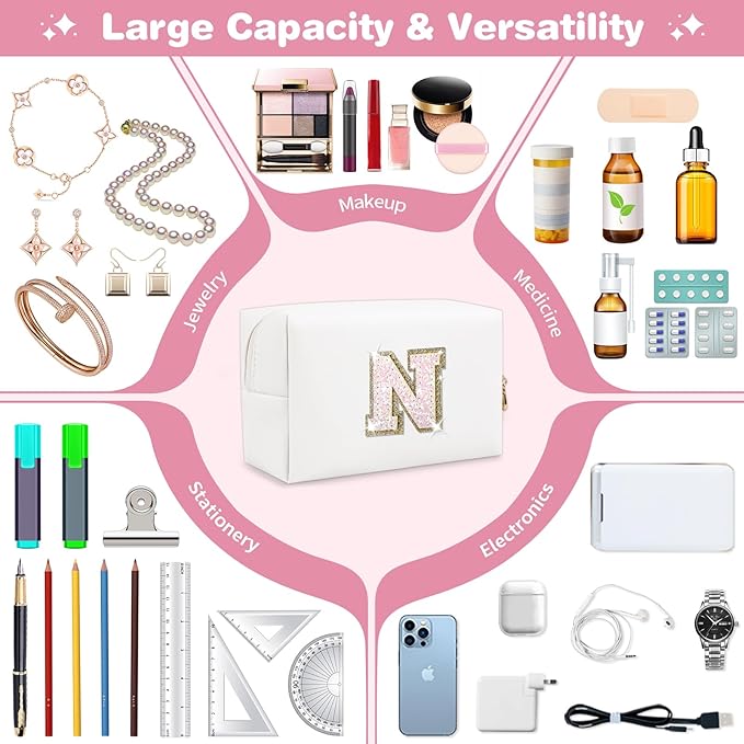 Small Initial Patch Makeup Bag Personalized Gifts Make Up Bag,White Cute PU Leather Glitter Letter Cosmetic Bag with Zipper,Trendy Portable Travel Toiletry Pouch,Preppy Stuff for Teen Girls Women N