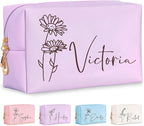 Personalized Makeup Bag with Name & Birth Flower, Custom Leather Cosmetic Bags for Women, Customized Travel Toiletry Bag Gifts for Bridesmaid Wedding
