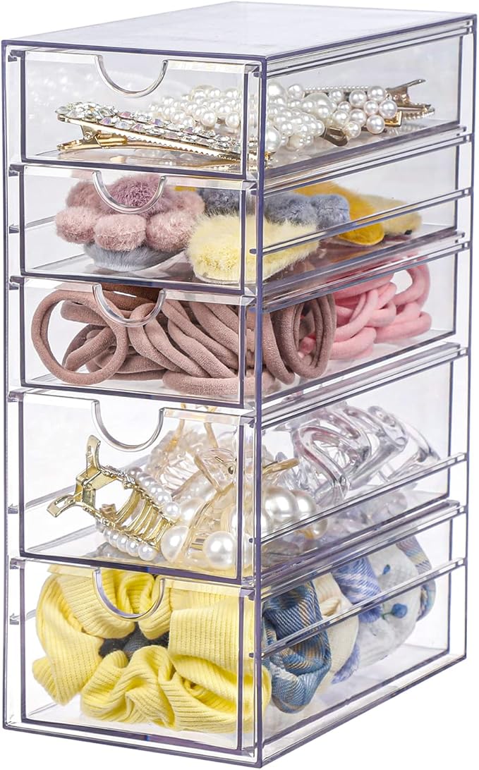 FABROK Clear Hair Accessory Organizer Box with 5 Drawers, Compact Storage Organization Drawers Set for Cosmetics, Glasses, Stationery, Stackable Storage Containers Box for Bathroom, Closet, Office
