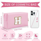 Personalized Initial A-Z Preppy Patch Makeup Bag,Small PU Chenille Letter Cosmetic Bag with Zipper for Teen Girls,Pink Cute Toiletry Organizer Bag,Monogram Makeup Case Gift for Women Girls,Letter H