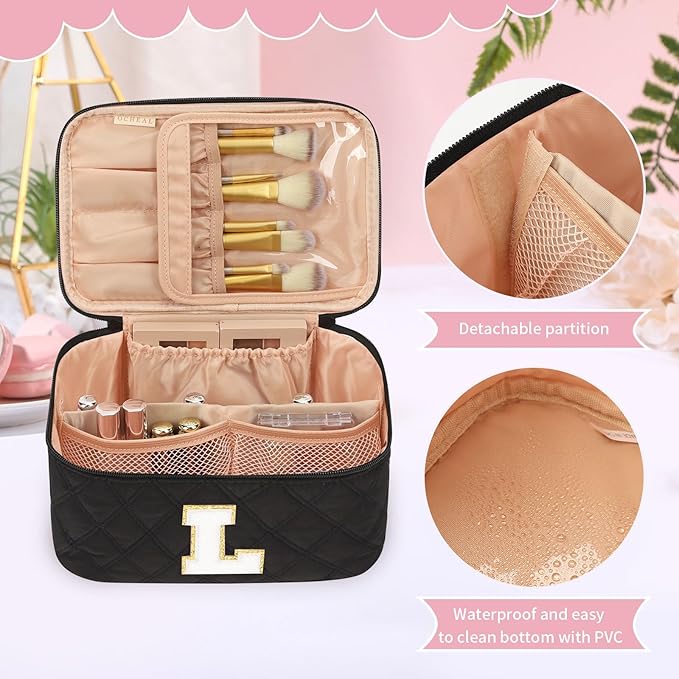 OCHEAL Makeup Bag for Women, Monogram Cosmetic Bag with Brush Holder,Black Travel Makeup Case Beauty Toiletry Bag Organizer Personalized Gifts for Girls Bridesmaid, Sister, Wife, Friends Initial L