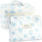 2Pcs Cotton Quilted Makeup Bag for Women Girls Large Small Travel Floral Cosmetic Bags Set Cute Coquette Zipper Makeup Pouch for Purse Aesthetic Cloth Flower Storage Toiletry Bag Organizer