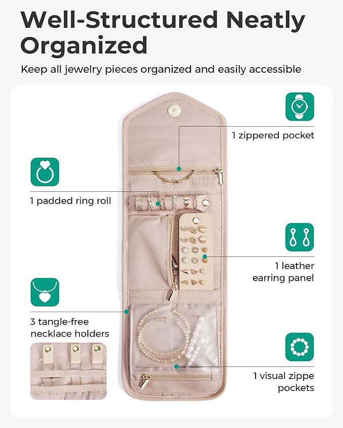 BAGSMART Travel Jewelry Organizer Case M Initial Foldable Jewelry Roll for Journey Rings, Necklaces, Earrings, Bracelets,Mini,Letter M,Soft Pink
