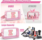 Initial Makeup Bag,Letter E Cute Clear Monogrammed Cosmetic Travel Bag for Womens Girls,Personalized Pink Aesthetic Traveling Make Up Organizer Bag for Beach,Waterproof Toiletry Bag