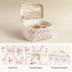 HBselect Quilted Makeup Bag, 3PCS Cotton Large Travel Makeup Bag, Cute Floral Coquette Make up Bag Cosmetic Bag Toiletry Bag for Women Girls