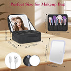 Travel Makeup Bag With LED Mirror,Cosmetic Train Case with 3 Color Setting,Cosmetic Makeup Organizer Bag with Adjustable Dividers,Portable Make up Box with Make up Brushes Holder Storage（Black）
