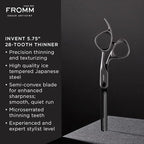 Fromm Invent 5.75" 28 Tooth Thinning Shears for Haircutting Wet and Dry Hair, Polished Silver Japanese Steel Scissors with Semi-Convex Blades and Microserrated Thinning Teeth