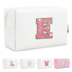 Small Initial Patch Makeup Bag Personalized Gifts Make Up Bag,White Cute PU Leather Glitter Letter Cosmetic Bag with Zipper,Trendy Portable Travel Toiletry Pouch,Preppy Stuff for Teen Girls Women E