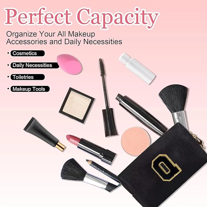 Small Personalized Letter Makeup Bag, Cute PU Leather Chenille Letters Cosmetic Bag Travel Makeup Pouch, Preppy Travel Organizer Zipper Pouch for Women&Girls（Black-Q）