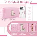 Small Personalized Initial A-Z Patch Makeup Bag,Pink Cute PU Leather Glitter Letter Cosmetic Bag for Teen Girls,Travel Toiletry Bag with Zipper,Preppy Monogrammed Birthday Gift for Daughter Niece L