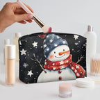 COEQINE Christmas Makeup Pouch for Purses for Women Leather Snowman Black Stars Mini Cosmetics Bag Cute Cosmetic Pouch for Women with Zipper Pen Pencil Toiletry Pouch for Birthday Xmas Gift