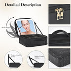 Travel Makeup Bag With LED Mirror,Cosmetic Train Case with 3 Color Setting,Cosmetic Makeup Organizer Bag with Adjustable Dividers,Portable Make up Box with Make up Brushes Holder Storage（Black）
